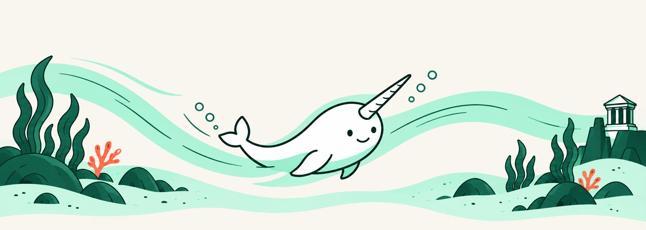 A white narwhal swimming through mint currents between small ocean reefs