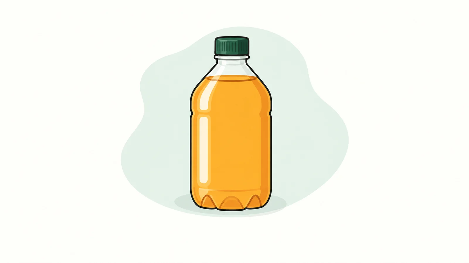 A clear plastic bottle of golden palm oil on a pale green backdrop.