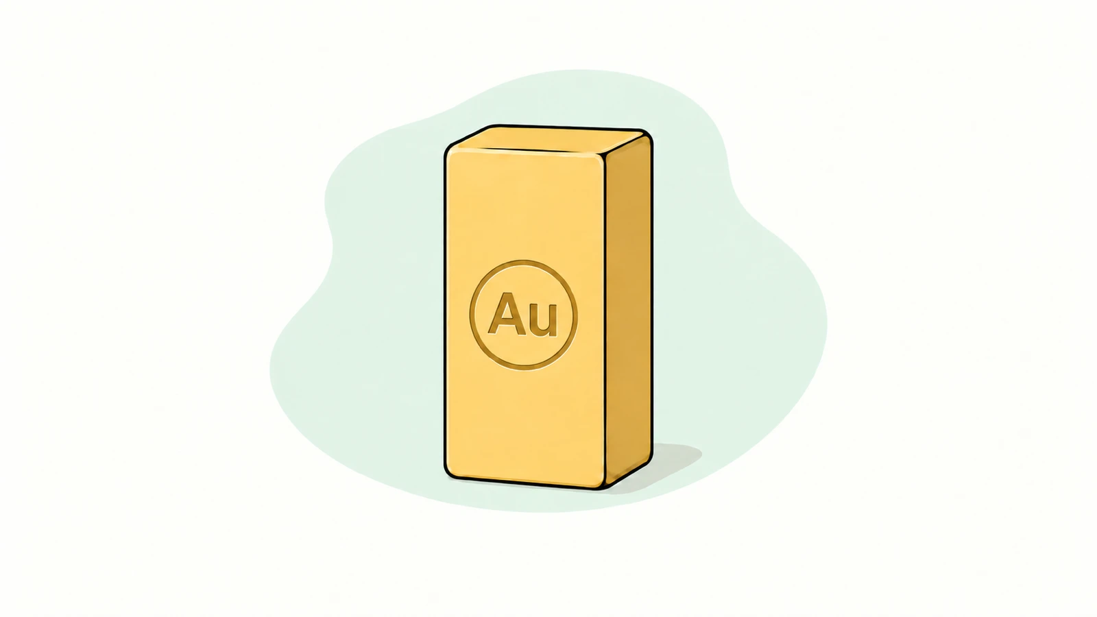 An upright gold bar stamped Au on a pale green backdrop.