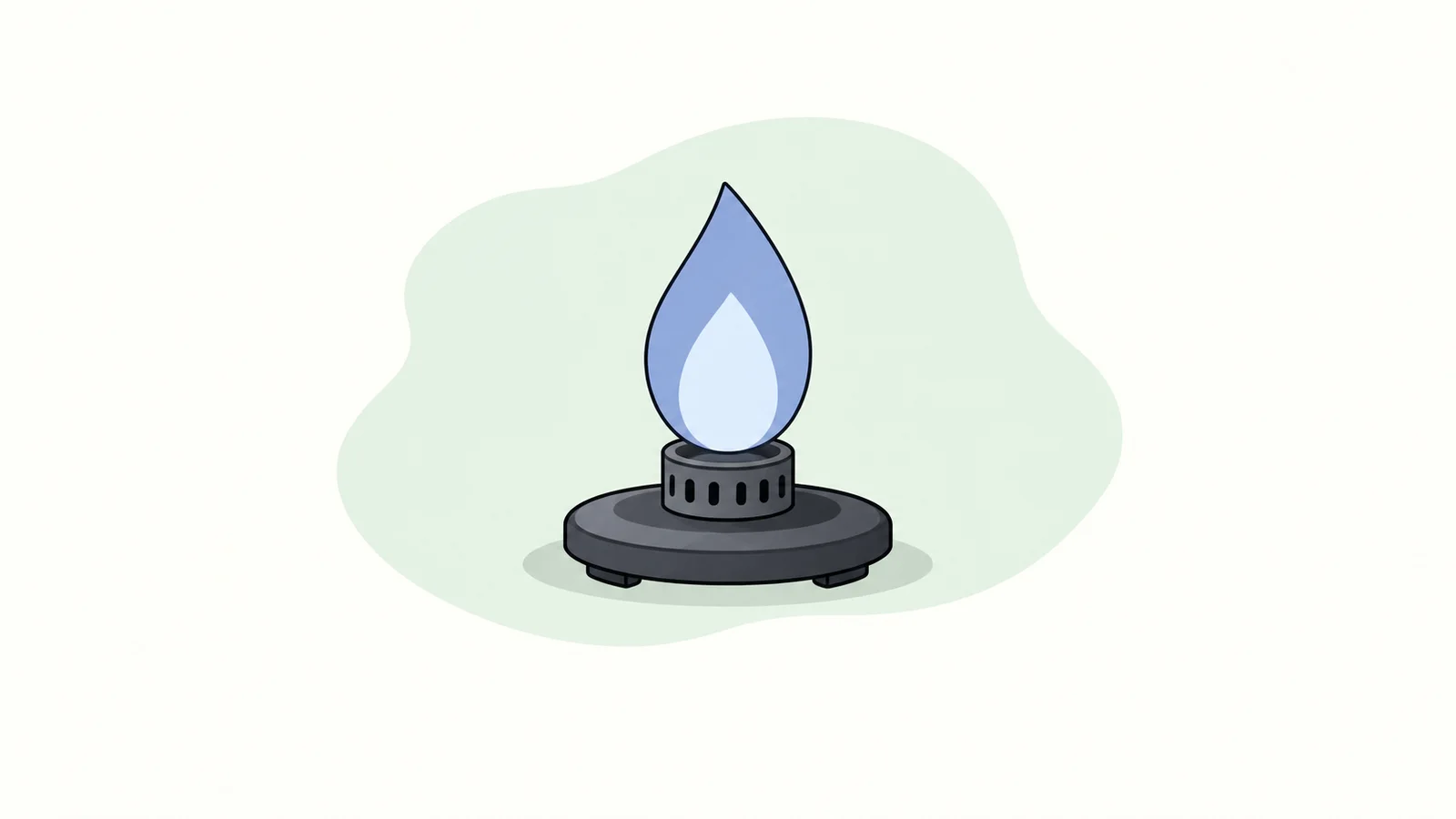 One blue flame on a charcoal burner with a pale green backdrop.