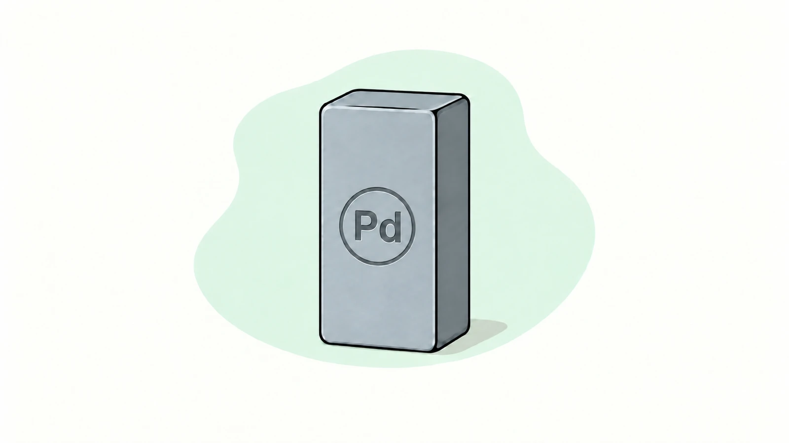 An upright palladium bar stamped Pd on a pale green backdrop.