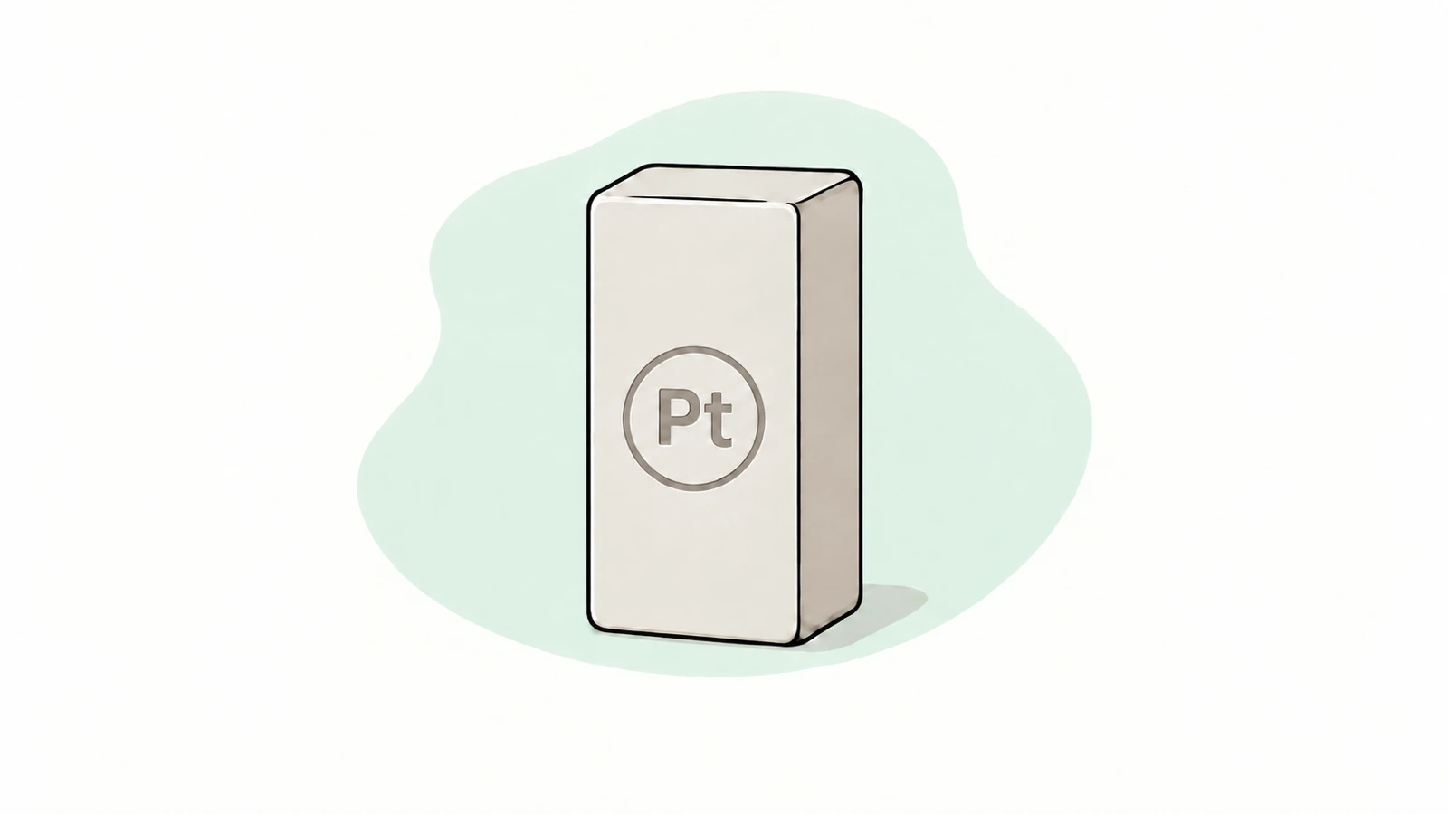 An upright platinum bar stamped Pt on a pale green backdrop.
