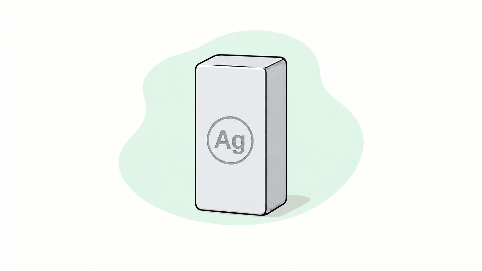An upright silver bar stamped Ag on a pale green backdrop.