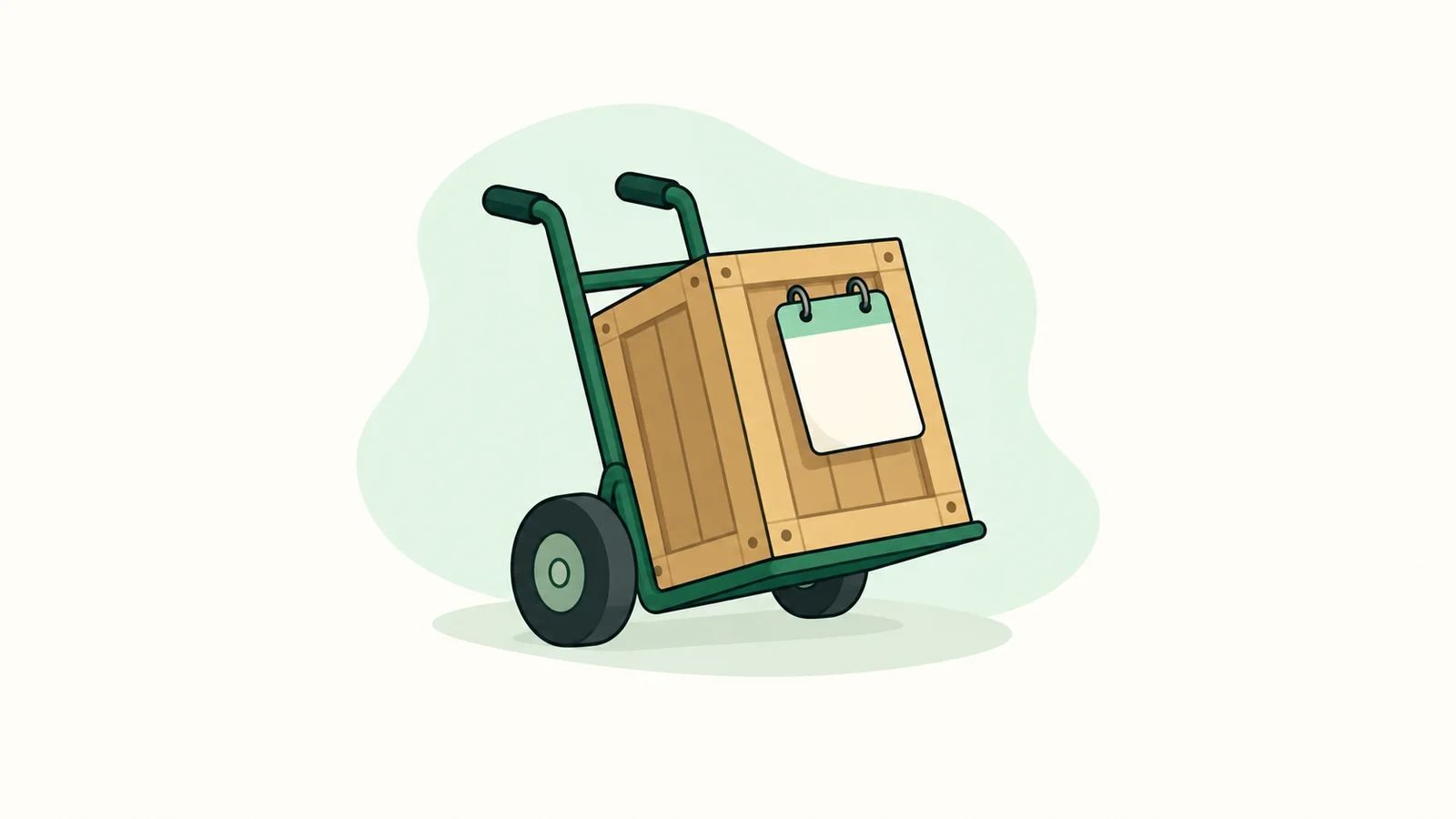 A delivery crate and blank calendar on a green handcart.