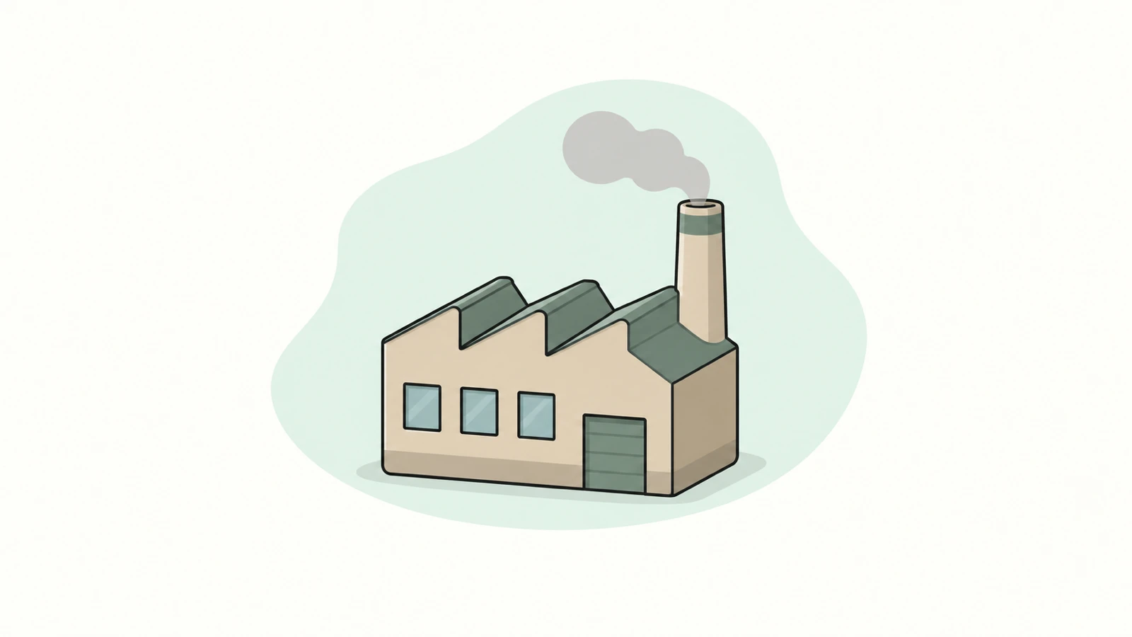 A small factory building on a pale green backdrop.