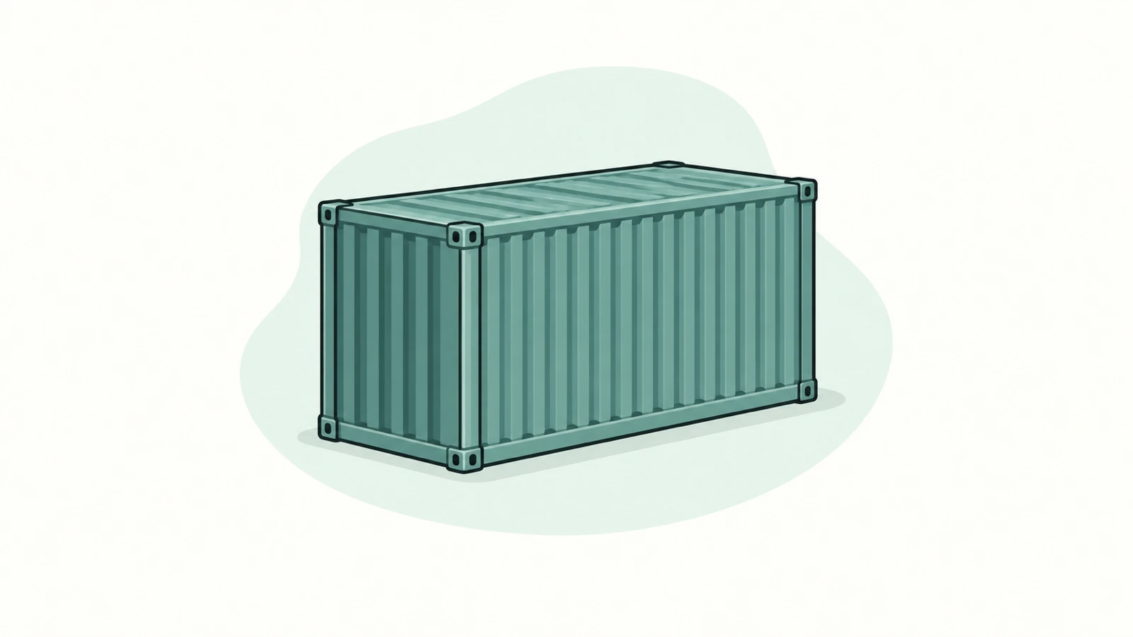 A shipping container on a pale green backdrop.
