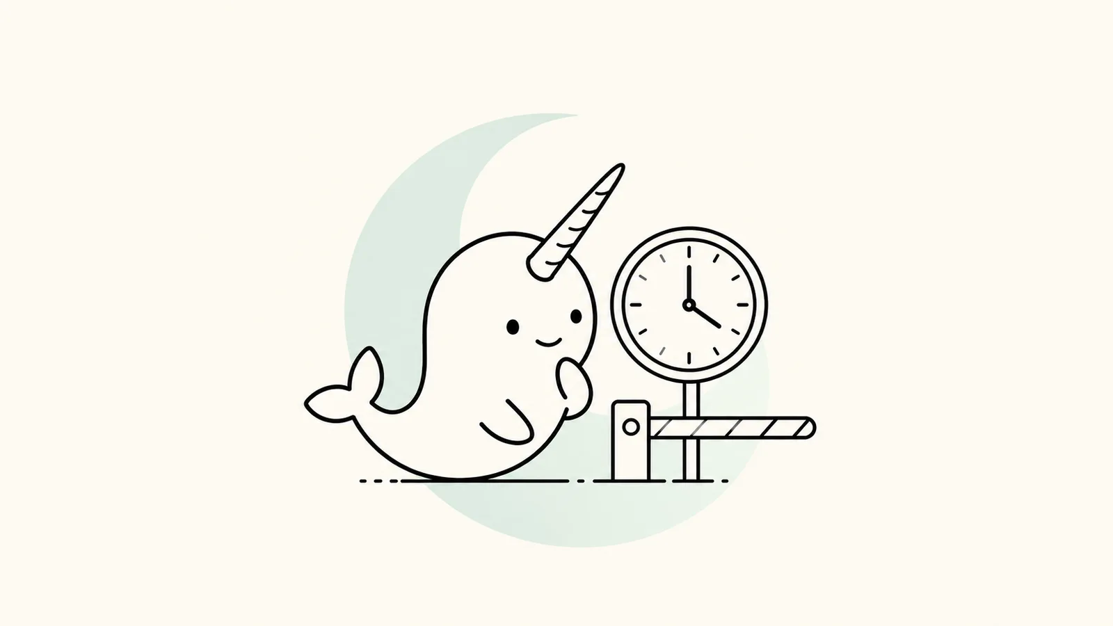 Narwhal 吉祥物在关闭的市场闸门旁查看时钟